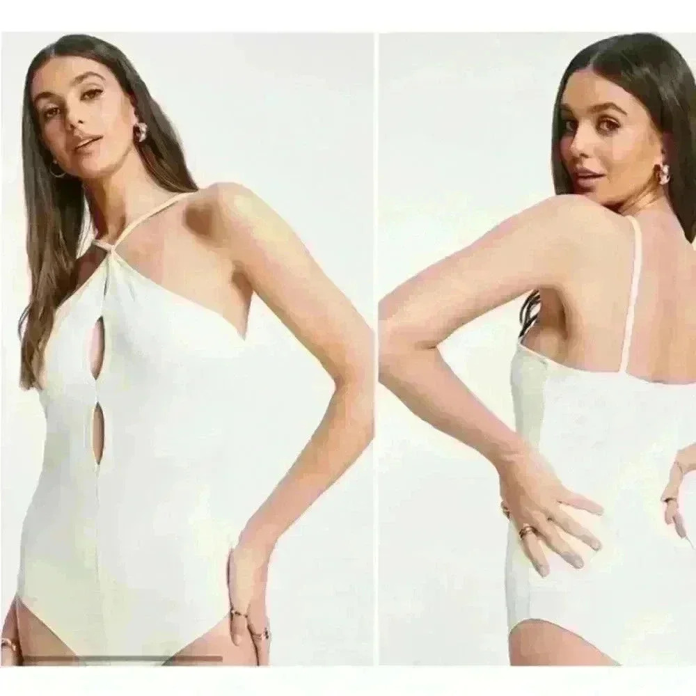 NWT Topshop Cream Ribbed Marquis Cutout Bodysuit, size M